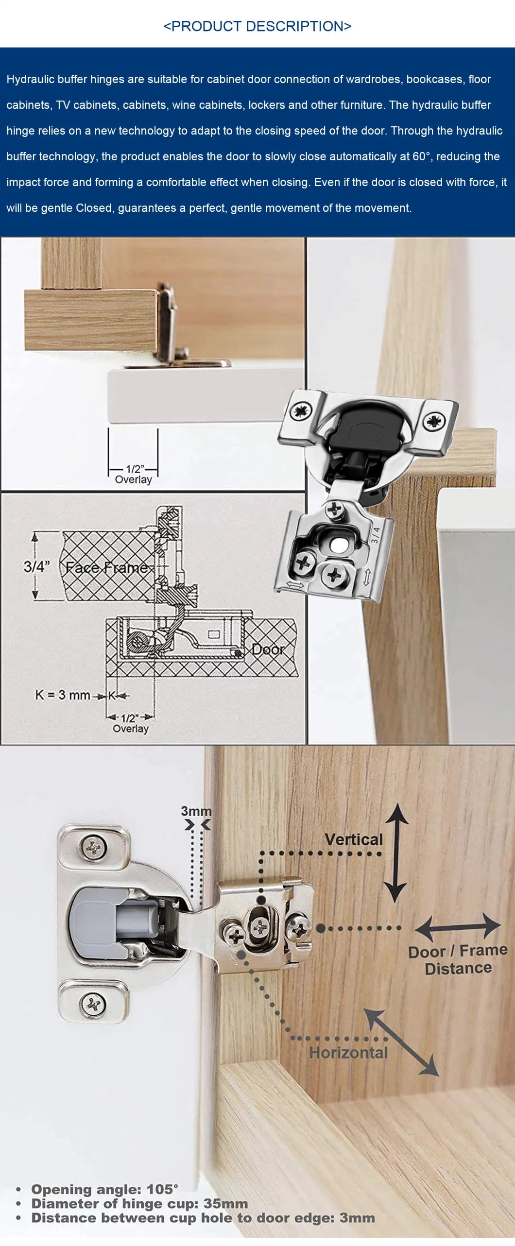 Stainless Steel Cabinet Hinges 1/2 Inch Overlay Self Closing Hinges